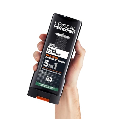 L'Oréal Men Expert XXL 5in1 Duschgel und Shampoo für Männer, Duschbad zur Reinigung von Körper, Haar und Gesicht, Herren Körperpflege für langanhaltende Frische mit Karbon, Pure Carbon, 1 x 400 ml