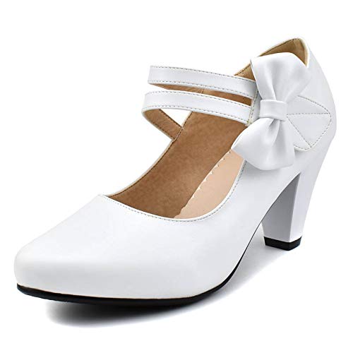 Odetina Chic Women Platform Block High Heel Bow Mary Janes Ankle Strap Pumps Sweet Shoes Closed Toe Comfort Dress Party Pumps with Hook Loop, White, 7.5