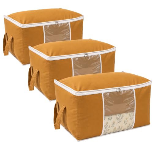 Image of Non-Woven Side Handle Underbed Storage Bags | Pack of 3 | Durable Foldable Organizer for Blankets, Comforters, Quilts & Seasonal Clothing | Dustproof, Moisture-Resistant Storage (Beige)