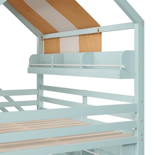 Image of Bellemave Bunk beds Full Over Full with Slide and Stair and Bookshelf House roof Design, Low bunk /loft Bed for Kids,Light Green