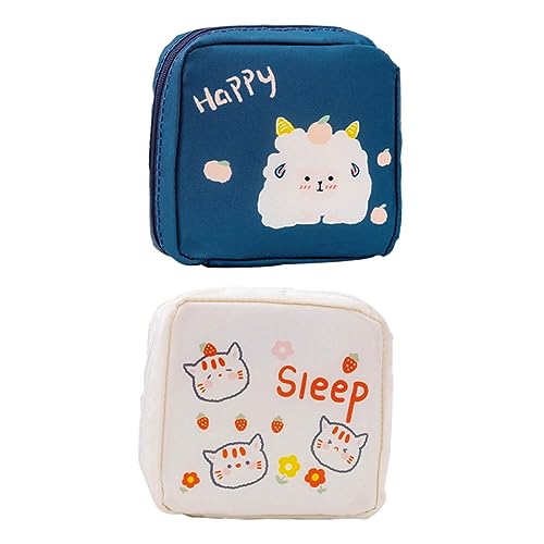 Gatuida 2 Piezas Bolsa de Almacenamiento para Compresas Higiénicas Portátil con Diseño de Dibujos Animados Cierre de Unidades Blanco Azul Marino para y Uso Diario