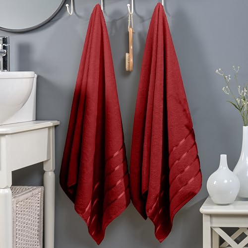 Image of Elegant Comfort 100% Turkish Cotton 4 Lines Viscose Stripe Luxury 2 Pack Bath Towel Set 27 x 54 Inch - Super Soft and Highly Absorbent Premium Hotel Spa Quality Towels for Bathroom Use, Burgundy