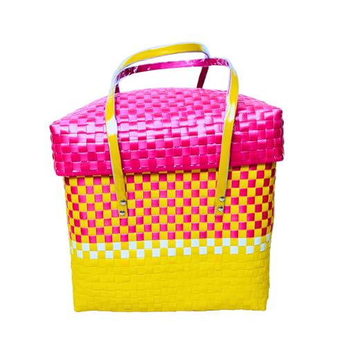 Image of Hand Made Multipurpose Plastic Basket with Lid | Eco-Friendly, Washable, Rust-Free Storage Basket for Kitchen, Picnic, Toys, Travel, Office | Lightweight basket (Yellow with Pink, XL)