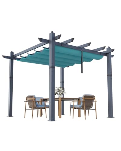 Image of KYBOLT 10x10 Ft Outdoor Pergola Metal Gazebo with Retractable Canopy for Backyard Deck Patio Porch Grape Trellis(Blue)