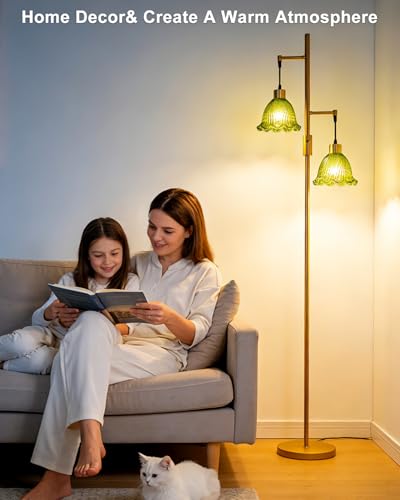 Image of Lightdot 2- Light Gold Flower Floor Lamp for Living Room, 65IN Dimmable Floor Lamps with Green Glass Shade& Warm White Bulbs, Modern Standing Tall Lamp with 5Lbs Heavy Base for Bedroom Home Office