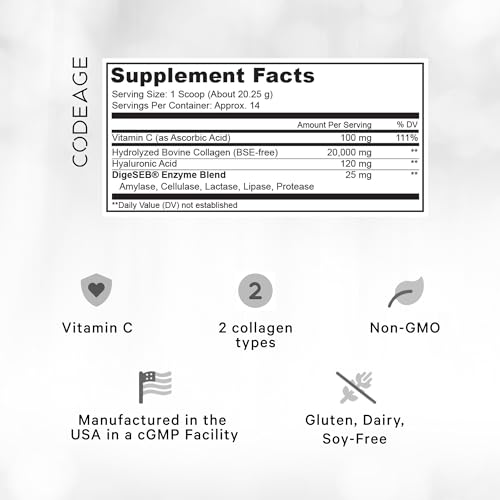 Codeage Collagen Peptides Powder + Vitamin C - 20g Grass-Fed Collagen Per Serving - Digestive Enzymes, Hyaluronic Acid, 18 Amino Acids - Hydrolyzed Collagen Protein - Non-GMO, Unflavored - 9.98 oz