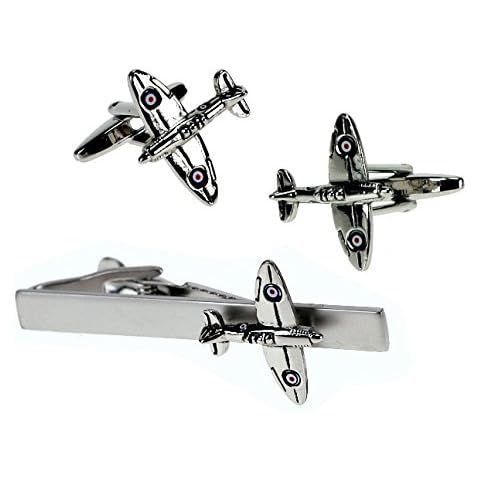 Novelty Spitfire Ware Plane Fighter Jet Cuff Link, Tie Bar & Gift Box In Polished Stainless Steel By Onyx Art - TBC51 Cover