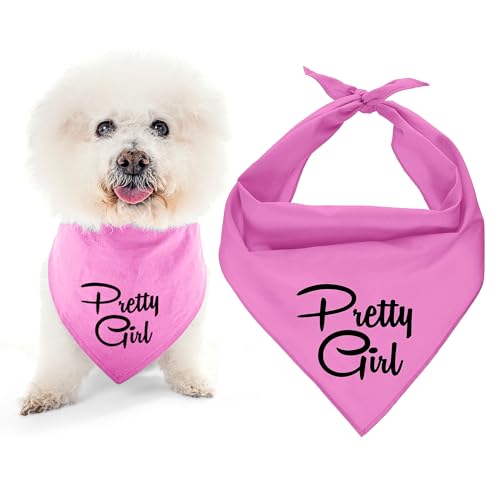 Parisian Pet Dog Bandanas Girl with Printed 'Pretty Girl' Word - Tie-On Adjustable Dog Scarf for Small Dogs - Triangle Pink Pet Bandana - Puppy Bib, Handkerchief for Pets