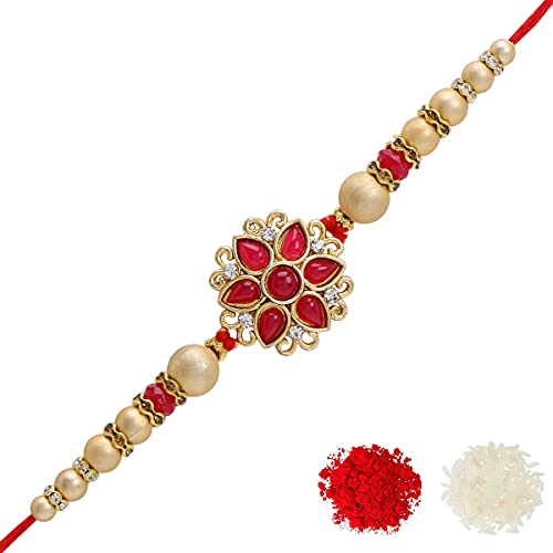 Image of Riddhika Ventures Stylish Kundan and AD Ring Rakhi with Roli Chawal and Greeting Card