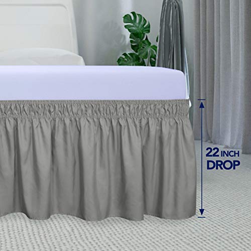 PureFit Wrap Around Ruffled Bed Skirt with Adjustable Elastic Belt - 22 Inch Drop Easy to Put On, Wrinkle Free Bedskirt Dust Ruffles, Bed Frame Cover for Twin,Twin XL and Full Size Beds, Gray