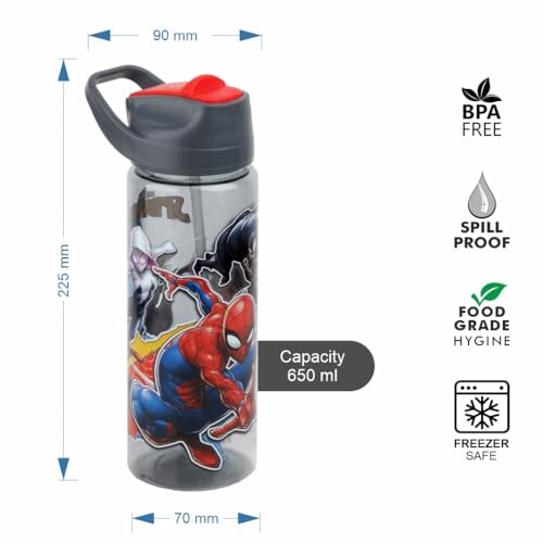 Image of SKi Homeware GLIDE Sipper Bottles Combo| 800 ML+650 ML | for School, Sports | Teens and Kids | set of 2 bottles | Leakproof, Pop-up Sipper with Handle| Character Merchandise | Spiderman