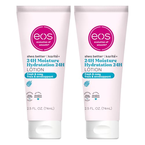 Image of eos 24H Moisture Travel Body Lotion- Fresh & Cozy, Travel Size Essential, Toiletries, Mini Body Lotion, 2.5 fl oz (Pack of 2)