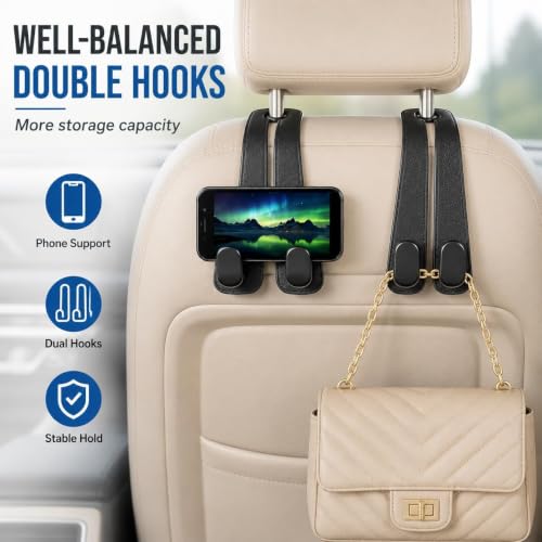 Image of Relevo Car Seat Headrest Hooks with Phone Holder, 2 Pack Leather Back Seat Hangers for Purses, Bags and Handbags, Universal Fit Car Organizer Accessories, Black