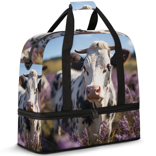 Large Weekender Overnight Bags Animal Cow Lavender Travel Duffel Bag for Women Men Gym Bag With Shoe Compartment Foldie Travel Tote Bag Carry On Personal Item Bag for Travel Gym Sports