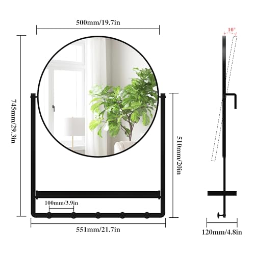 Miroir mural avec étagère rond noir 74 cm miroir entrée moderne