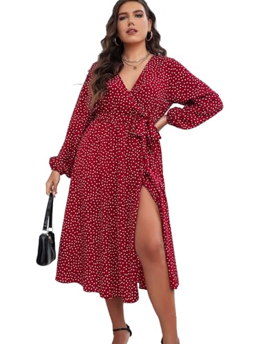 LIAMERHE Grande Taille Robe Femme Manches Longues Col V Elegant Robes Automne Maxirobe de Vacances Hiver A-Line Casual Rouge 4XL