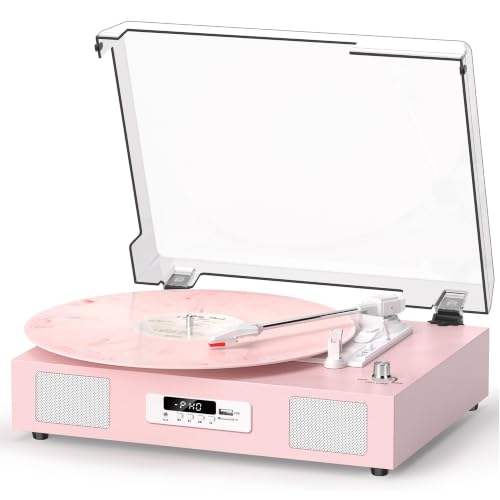 Vinyl Record Player with Stereo Speakers Turntable USB Recording, Pink,Built-in Speakers, 3-Speed Belt Drive, RCA Line-O