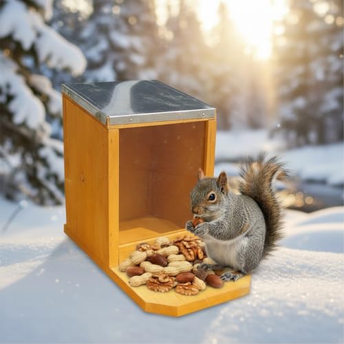 Mucola Eichhörnchen Futterhaus aus Holz 12x22x18cm Eichhörnchenfutterstation Mir großer Sitzplattform | aufklappbares Zinkdach | Futterautomat Futterspender Futterstelle
