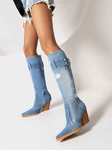 vivianly Women Denim Knee High Boots Pointy Toe Chunky Stacked Heel Cowgirl Boot3