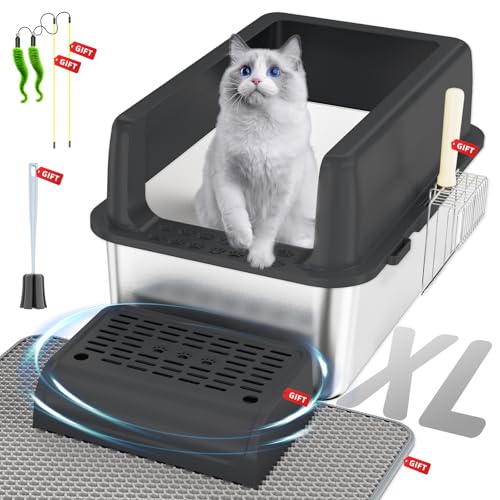 Arenero para gato de acero inoxidable extra grande con tapa negro miniatura 1