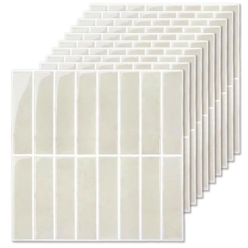 Baldosas Adhesivas Pared, Vinilo Azulejos Adhesivos Cocina Baño Metro, Beige 3D Pegatinas Paneles Decorativas Pared Peel Stick Tiles, Rectángulo Metro Baldosa de Pared (10 Piezas, 30.5 x 30.5 cm)