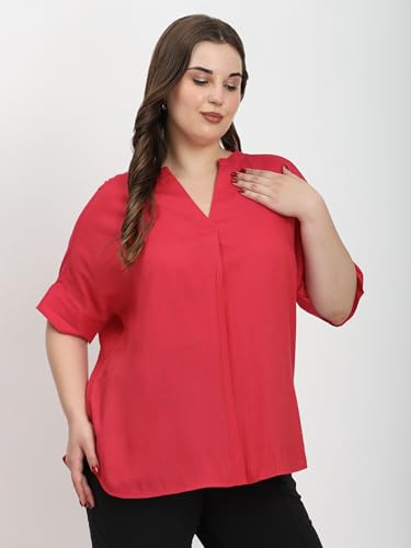 Image of SINDOORI Relaxed Fit Tops for Women Plus Size Solid Printed Mandarin Collar, Band Collar, V-Neck Top, Half Sleeve Loose Fit
