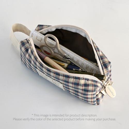 Image of Monolike Unmatched Friends Fabric Check Block Pencil Case, Vintage sky - Aesthetic Gingham Pastel Desk Organizer, Soft Padded Makeup Brush Case, Trendy Minimalist Stationery Pouch