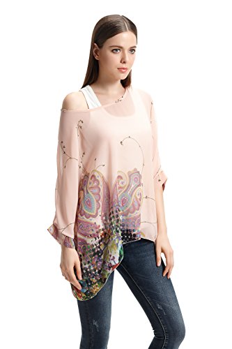 Hee Grand Lady Batwing Sleeve Flower Print Semi Sheer Chiffon Oversize Blouse Apricot #TOP3