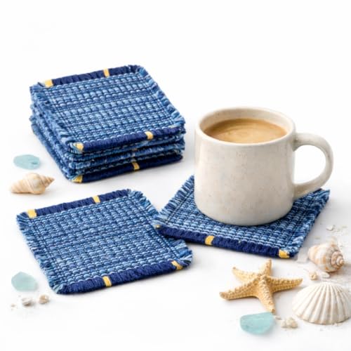 Boho Woven Coasters for Coffee Table Decor - Set of 6 Absorbent Blue Coasters Modern Minimalist Home Decor Housewarming Gift 4.0 Inch