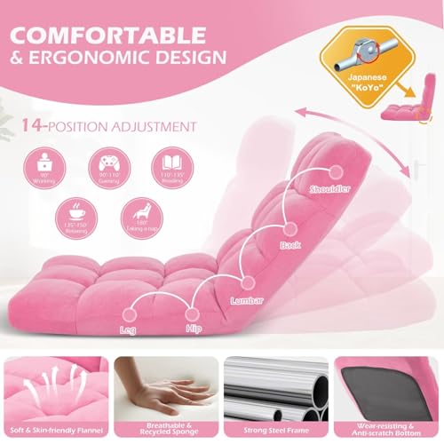 Image of Folding Floor Gaming Chair 14-Poistion Cushioned Adjustable Floor Lazy Sofa Chair w /Breathable Cotton & Skin-Friendly Coral Velve for Adults & Kids Perfect for Reading Gaming Meditating, Pink