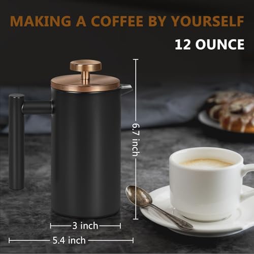 Image of Black Mini French Press Coffee Maker 12oz, Single Cup French Press with Rose Gold Lid, 3 Extra Filters & 1 Gold Spoon(350ml Compact Travel Size) Dishwasher Safe