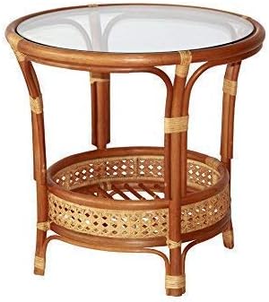 Lounge Set of 2 Natural Rattan Wicker Bahama Armchairs w/Cushion and Round Coffee Table Tropical Style, Colonial