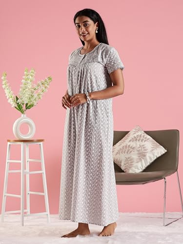 Image of 9shines Label Stylish Chikankari Cotton Nighty Maxi for Women | Full Length Nightgown | Nightdress with Pocket | Embroidery Nighty | Soft Comfortable Cotton Nightwear (1545)