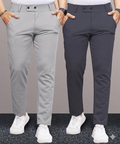 Image of Men's Slim Fit Lycra Formal Trousers Combo | Stretchable Smart Casual Pants for Office Wear | Mid-Rise Flat Front Stylish Chinos