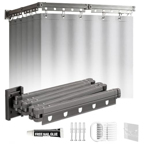 Duschvorhangstange Ohne Bohren, 1.8x2M Faltbarer Duschvorhang mit Duschvorhangstange, Montagekleber ohne Nagel/mit Einem Bohrer Bohren, 4-Fach für Badezimmer, Umkleideräume, Wohnmobile