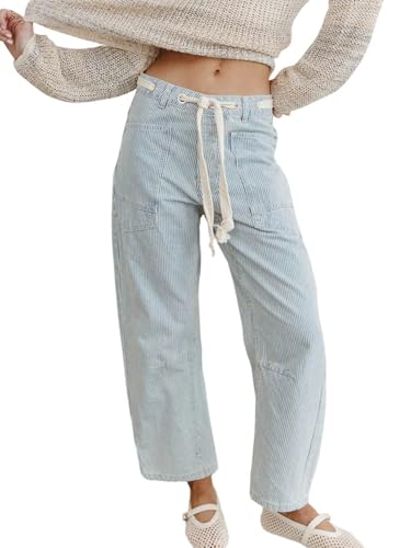 utcoco Women's Mid Rise Drawstring Barrel Jeans Y2K Patchwork Casual