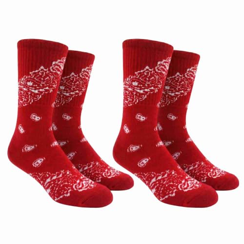 COUVER Bandana Crew Socks, Red White Bandana, Size 10-13, 2 Pairs