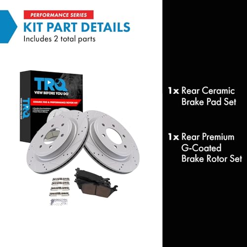 Image of TRQ Performance Rear Brake Pad and Rotor Set Ceramic Coated Drilled Slotted Rotors Compatible with 2021 Ford F-150 2022 Expedition Lincoln Navigator