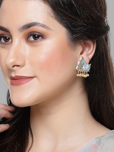 Image of Karatcart Silver Tone Diamond Shape Pink and Blue Carved Stone Studded Drop Earrings for Women