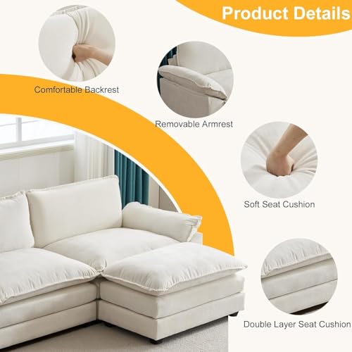 Image of SRMS Sectional Sofa Modern Deep 3-Seat Sofa Couch | Chenille Sofa Sleeper Comfy Upholstered Furniture for Living Room | Beige