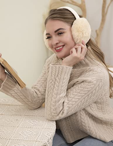 Livingston Cream Ear Muffs Winter Women Unisex Simple Classic Faux Furry Earwarmer Fuzzy Earmuffs For Women Winter Ear Warmers For Women Foldable, Cream #TOP1