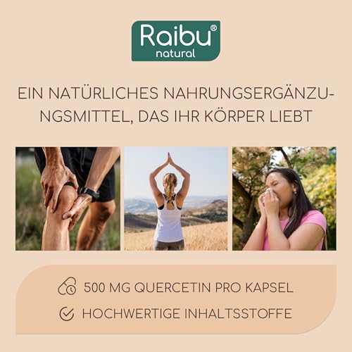 Quercetin Hochdosiert - 180 Kapseln - 500 mg Quercetin pro Kapsel - Vorrat für 6 Monate - Hochwertiger Rohstoff: Japanischer Schnurbaum - Ohne Zusätze & Vegan- Raibu