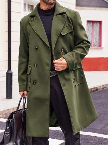 Image of Runcati Mens Trench Coat Notch Lapel Double Breasted Peacoat Wool Blend Casual Long Overcoat