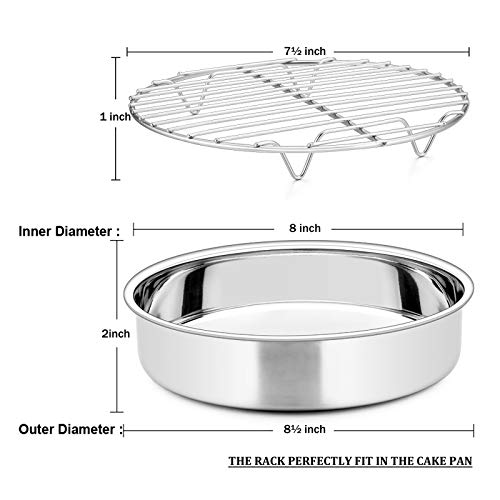 E-Far 8-Inch Round Cake Pan With Rack Set, Stainless Steel Cake Pans Tins And Baking Cooling Racks, Non Toxic & Healthy, Mirror Polished & Dishwasher Safe - 4 Pieces (2 Pans + 2 Racks) #TOP3