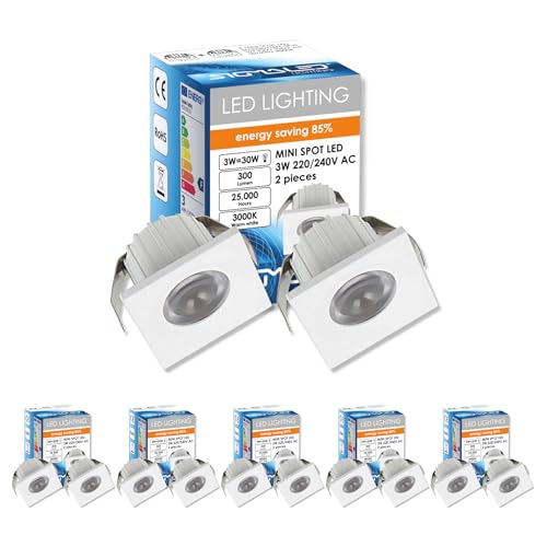 Sigmaled lighting, MINI SPOT LED 3W, Dimmerabile, 300lumen, Luce Calda 3000K, Faretto QUADRO incasso, 220V / 240V AC Driver NON NECESSARIO, 35x35x25mm, 10 Spots (5 scatole da 2 pezzi)