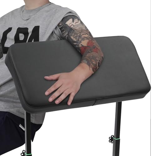 Soporte para reposabrazos de tatuaje, soporte para piernas, inclinación de 180°, almohadilla de esponja, soporte para brazos, altura ajustable de 69 – 102 cm, soporte para tatuajes, reposabrazos y