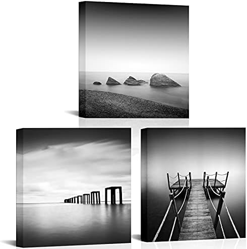 Artsbay 3 Piece Black and White Beach Pier Seascape Canvas Print Stone Wooden Jetty Picture Horizon Landscape Painting Wall Art Decor Framed for Home Office Bedroom Decoration Each Size 12" x 12"
