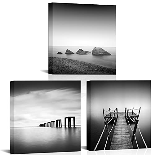 Artsbay 3 Piece Black And White Beach Pier Seascape Canvas Print Stone Wooden Jetty Picture Horizon Landscape Painting Wall Art Decor Framed For Home Office Bedroom Decoration Each Size 12" X 12" #TOP4