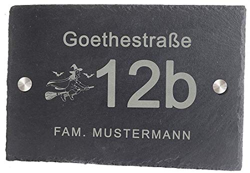 Preisvergleich Produktbild Feiner-Tropfen Hausnummer Schiefer Gravur BK Hexe Edelstahl Halterung