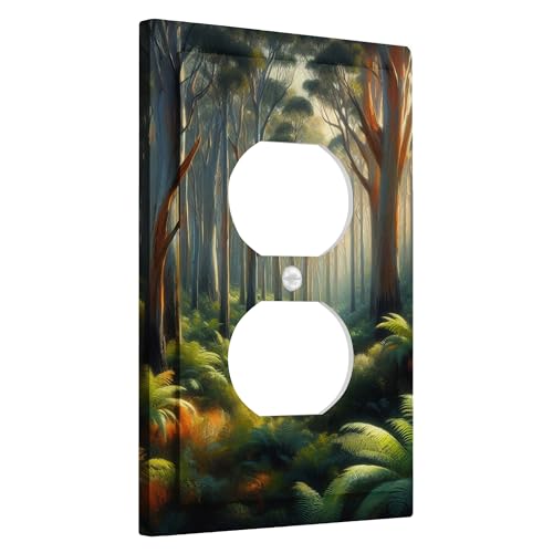 Placa de cubierta para interruptor de luz de árbol de abedul, bosque tropical, bosque, naturaleza, sol, paisaje, helecho, plantas, verde, marrón, gris, policarbonato (PC), decoración de baño, hogar